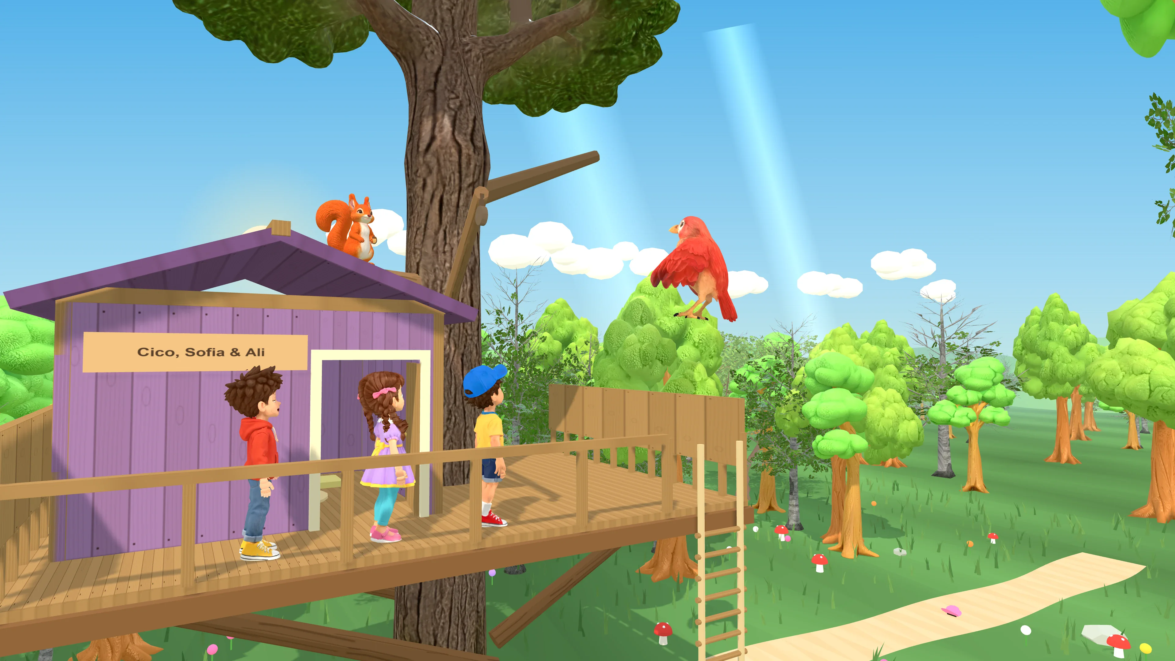 Cico, Sofia and Ali on the balcony of their purple treehouse, with Sinco the squirrel and Rowan on the roof