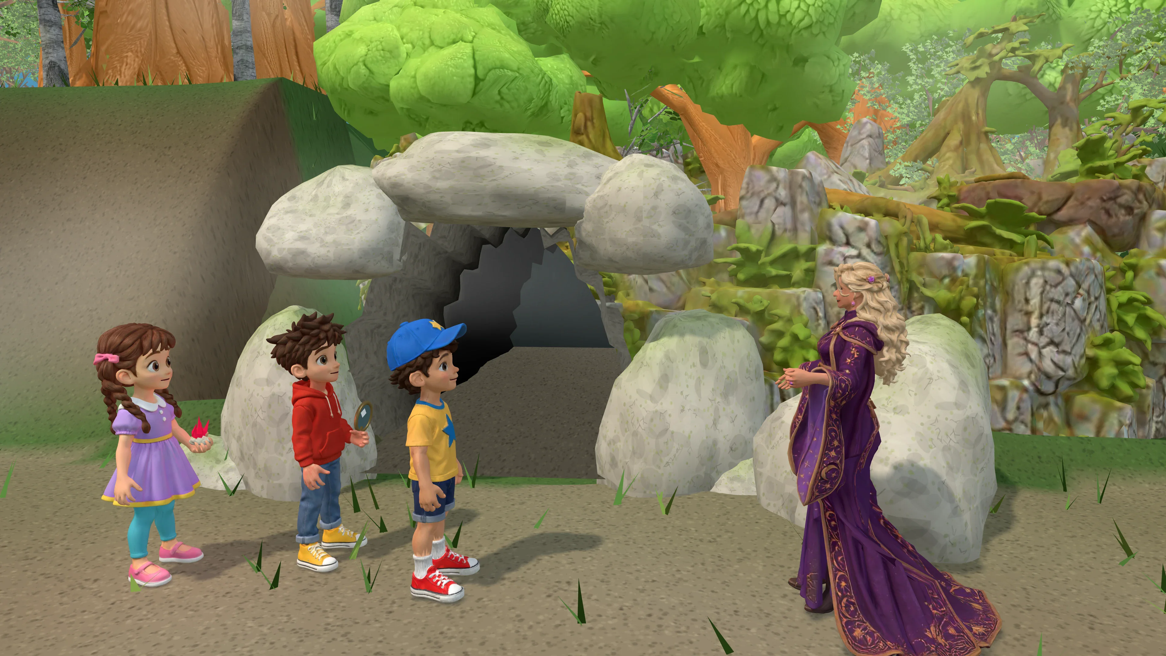 Sofia, Cico and Ali at the cave by the misty creek, meeting Hera