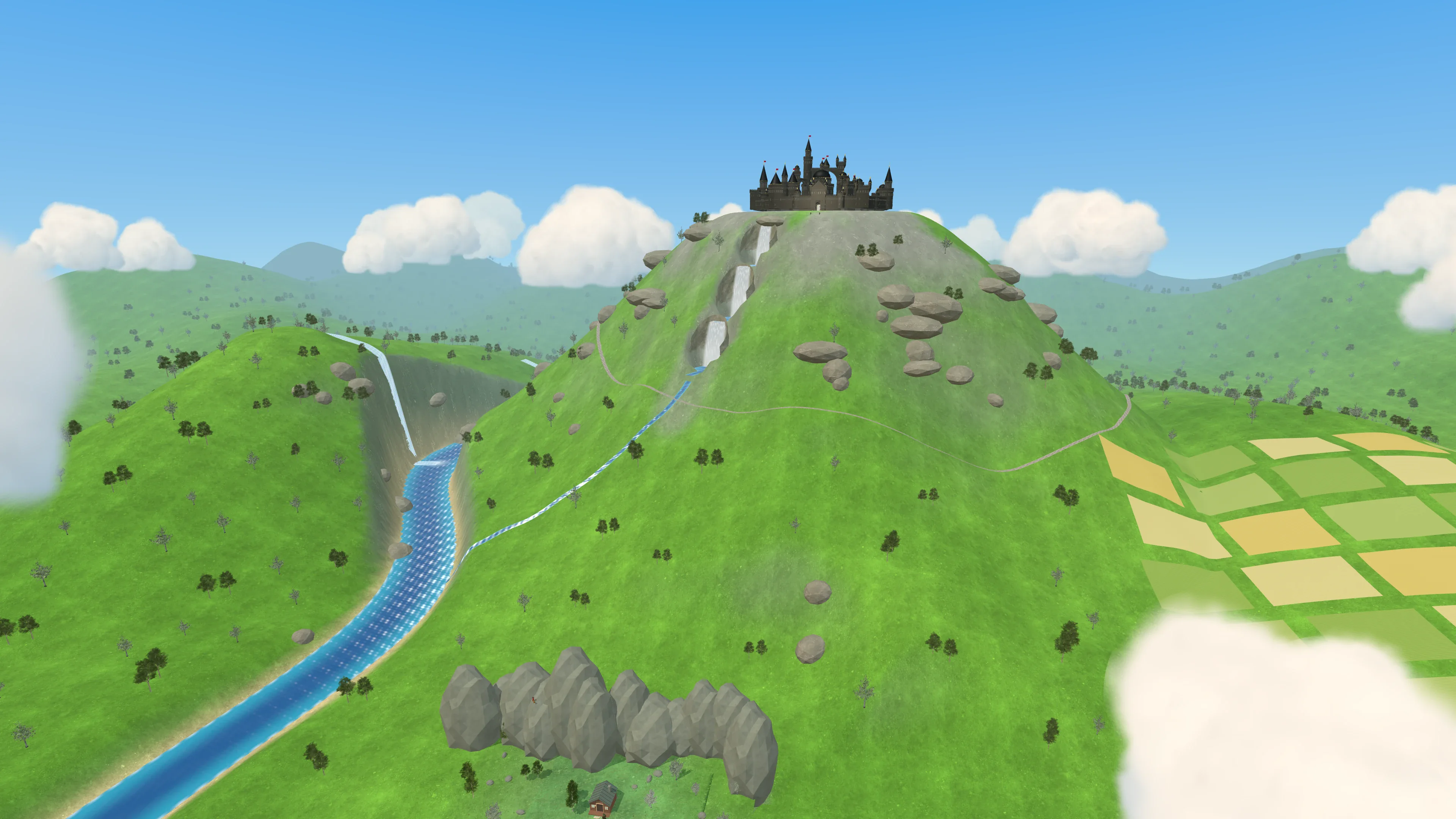 A green valley with a river, a waterfall and the castle on top of the mountain