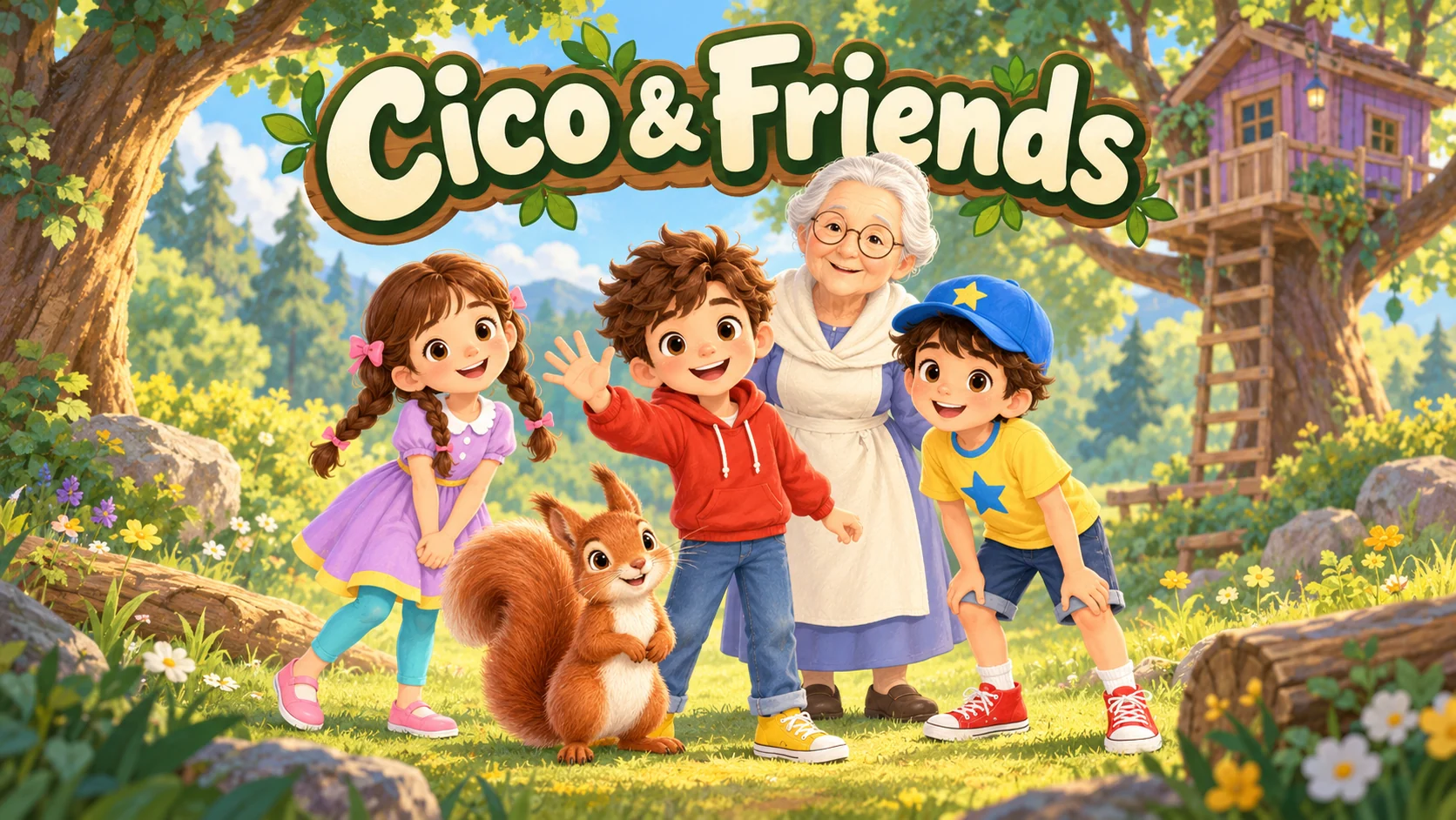 Cico, Sofia, Ali, Grandma and the squirrel waving in a sunny forest in front of their treehouse